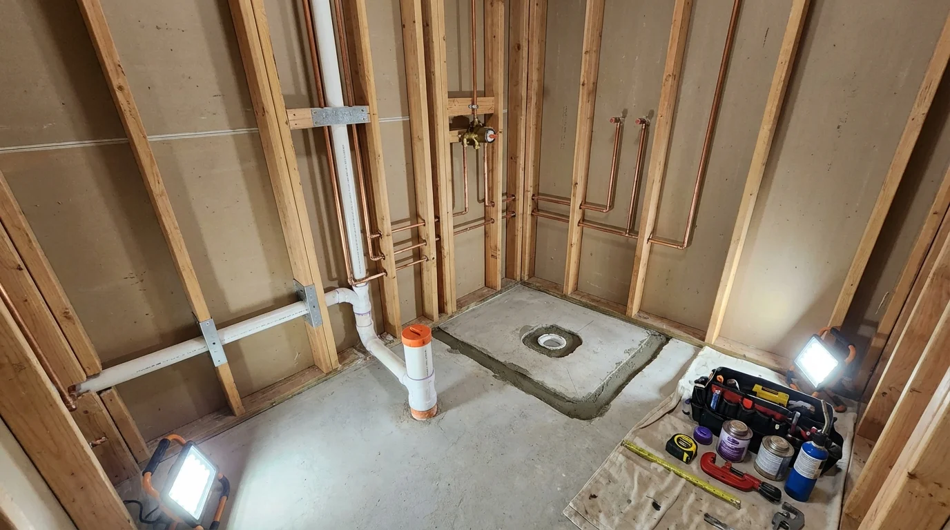 Bathroom rough-in plumbing during remodel by Johns Plumbing LLC in Palm Coast