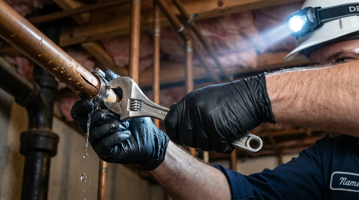 Emergency pipe clamp repair being performed by a Johns Plumbing LLC plumber in Palm Coast
