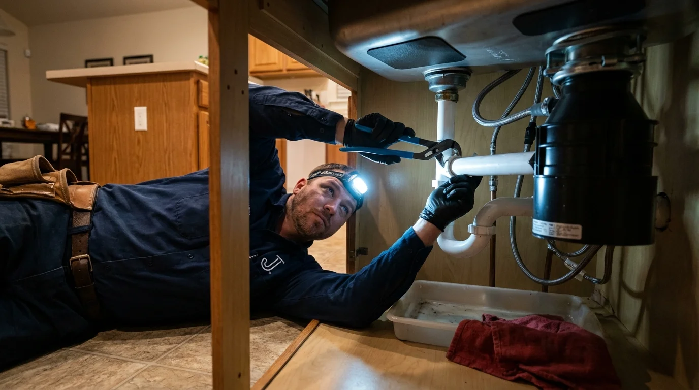 P-trap and supply line connections under a kitchen sink showing a common leak point in Palm Coast, FL